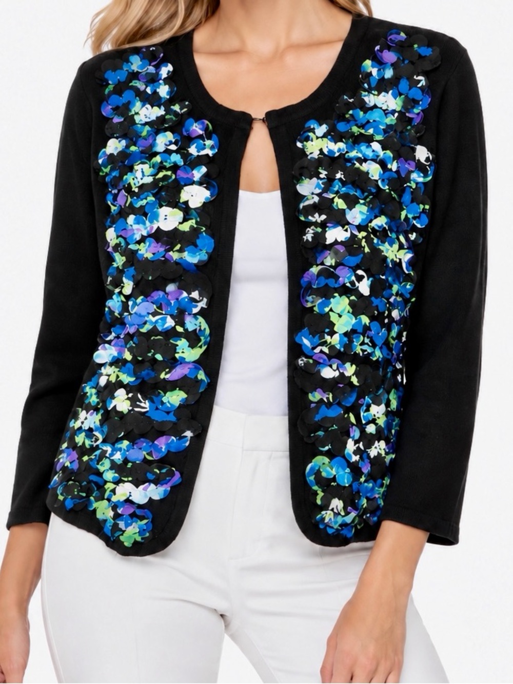 PETER NYGARD Black Cardigan Sweater w Blue Green Purple Petal Appliqués — LHP